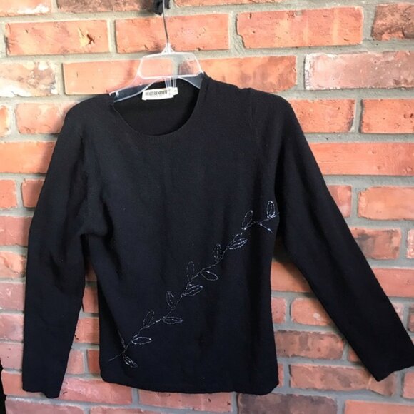 Holt Renfrew Vintage Beaded Leaves Wool Crew Neck Sweater Appliqué Knit Black M - Picture 2 of 15